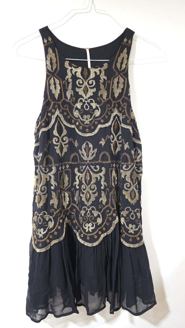 Free People Sugar and Spice Black Gold Embroidered Sleeveless Mini Dress XS